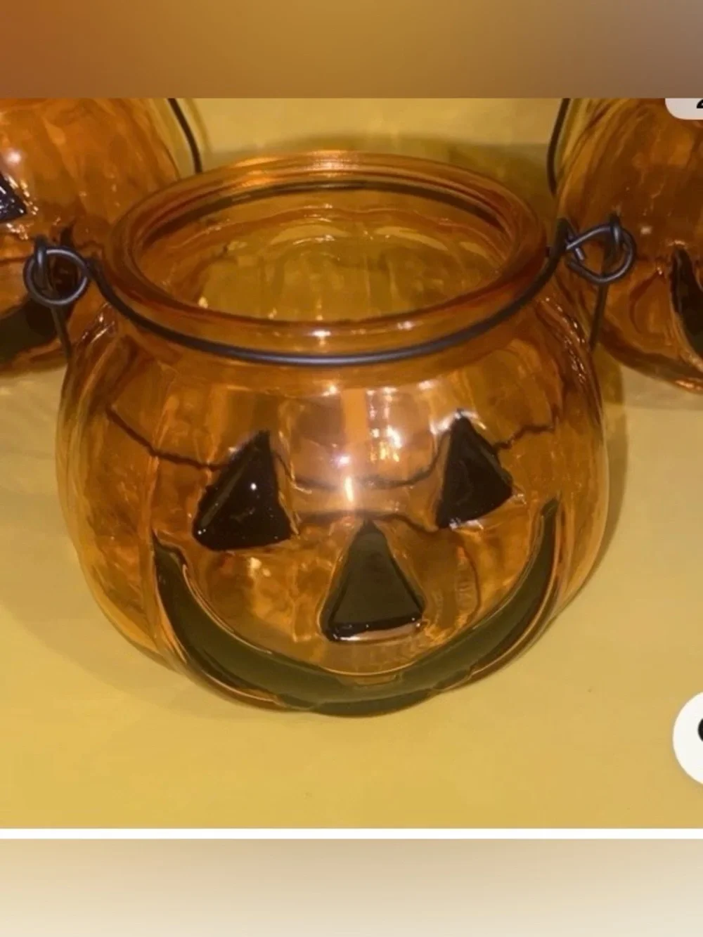 Halloween Orange Pumpkin Glass Jack-o-Lantern Candle Holder w/ Handle Set of 3